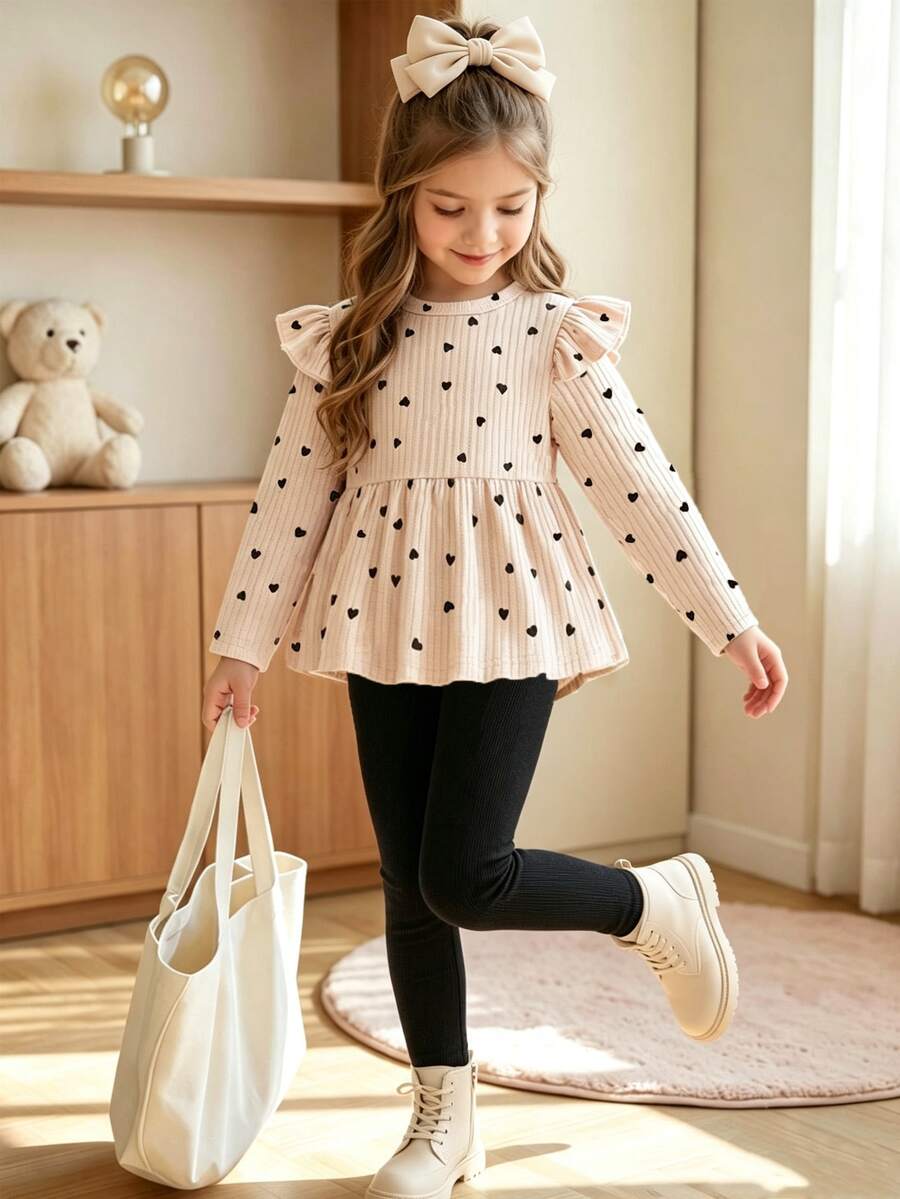 Elladie kids 女童 2 件套 心形印花荷葉邊長袖 T 恤與內搭褲,春/秋季生日幼兒園紫色嬰兒西式 - 米色 - 查看 1