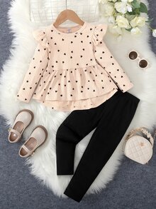 Elladie kids 女童 2 件套 心形印花荷葉邊長袖 T 恤與內搭褲，春/秋季生日幼兒園紫色嬰兒西式 - 米色 - 查看 3