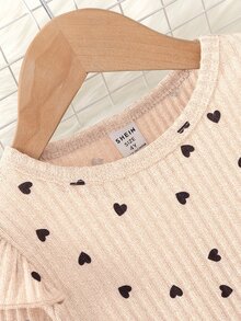 Elladie kids 女童 2 件套 心形印花荷葉邊長袖 T 恤與內搭褲，春/秋季生日幼兒園紫色嬰兒西式 - 米色 - 查看 4