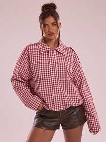 SHEIN BAE 女款秋冬休閒紅白格紋夾克，適合日常穿著與休閒外出，度假峇里島出遊 - 紅色 - 查看 3