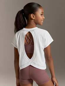 Tween Girls Casual Modest Minimalist Hollow Back Short Sleeve Sports T-Shirt Gym Active White Mauve Summer - White - View 6