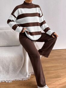 EURMUSE Striped Pattern Drop Shoulder Sweater & Knit Pants ,Petite Women - Brown - View 5