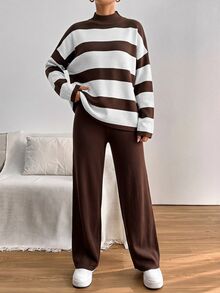 EURMUSE Striped Pattern Drop Shoulder Sweater & Knit Pants ,Petite Women - Brown - View 2