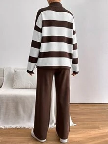 EURMUSE Striped Pattern Drop Shoulder Sweater & Knit Pants ,Petite Women - Brown - View 3