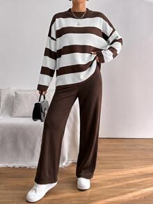 EURMUSE Striped Pattern Drop Shoulder Sweater & Knit Pants ,Petite Women - Brown - View 4