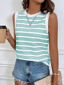 EMERY ROSE Women's Summer Casual Round Neck Black & White Striped Top Graphic Tees Women Tops - Mint Green - View 6