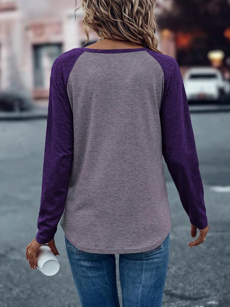 EMERY ROSE Colorblock Raglan Sleeve Tee Graphic Tees Women Tops - Purple - View 2