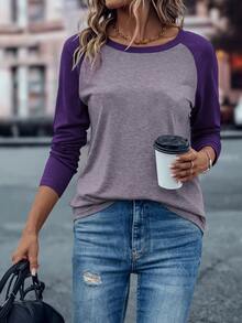 EMERY ROSE Colorblock Raglan Sleeve Tee Graphic Tees Women Tops - Purple - View 7