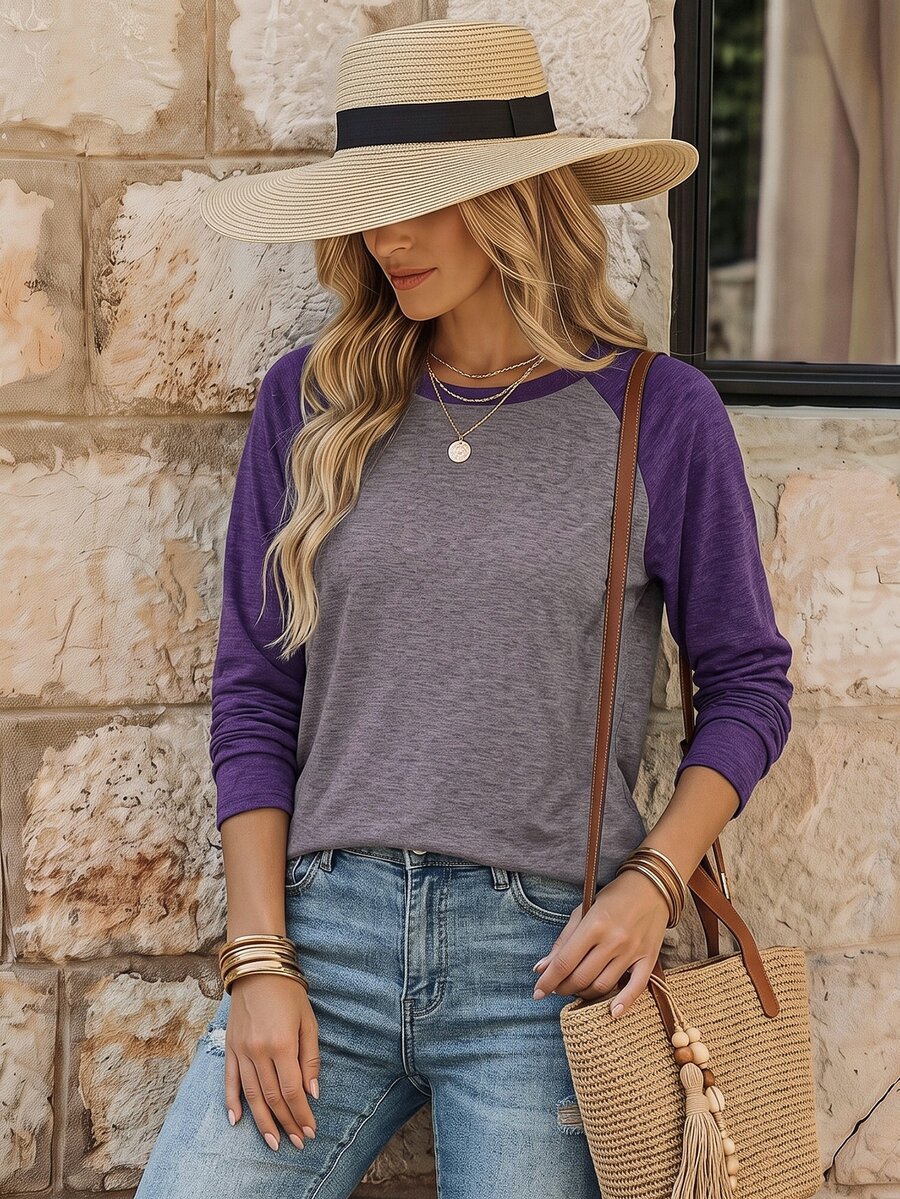 EMERY ROSE Colorblock Raglan Sleeve Tee Graphic Tees Women Tops - Purple - View 1