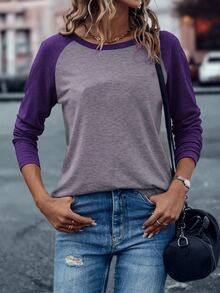 EMERY ROSE Colorblock Raglan Sleeve Tee Graphic Tees Women Tops - Purple - View 8