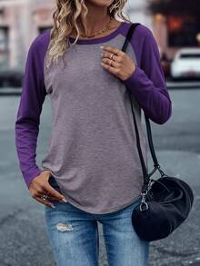 EMERY ROSE Colorblock Raglan Sleeve Tee Graphic Tees Women Tops - Purple - View 4