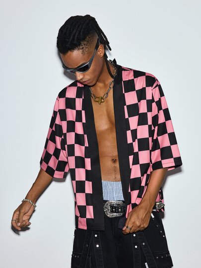 Modcrash Japanese Retro Pink & Black Plaid Kimono-Style Cardigan Loose Fit 3/4 Sleeve Shirt For Men Streetwear