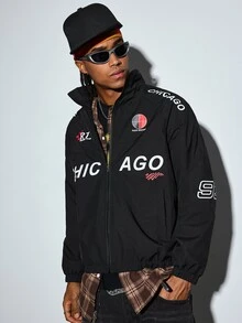 Modcrash Men Racing Style Long Sleeve Jacket With Racing Print, Sleek And Sporty, Fashionable Outdoor Wear, Grunge, Fall Fall/Autumn/Winter - Black - View 5