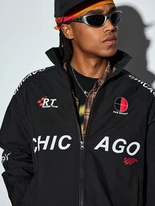 Modcrash Men Racing Style Long Sleeve Jacket With Racing Print, Sleek And Sporty, Fashionable Outdoor Wear, Grunge, Fall Fall/Autumn/Winter - Black - View 9
