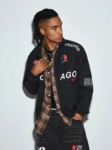 Modcrash Men Racing Style Long Sleeve Jacket With Racing Print, Sleek And Sporty, Fashionable Outdoor Wear, Grunge, Fall Fall/Autumn/Winter - Black - View 7