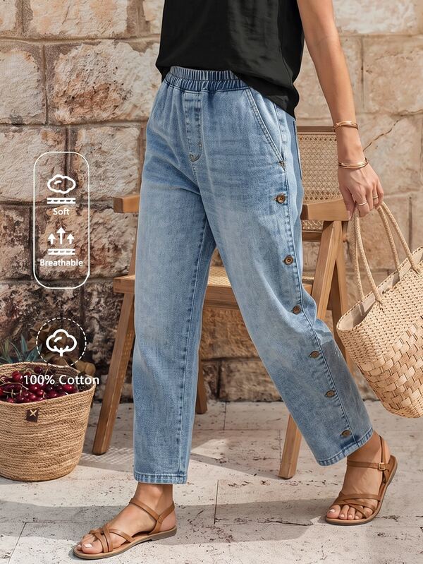 EMERY ROSE EMERY ROSE Jeans ajustados de mujer con decoración de botones laterales, versátiles para uso casual y diario