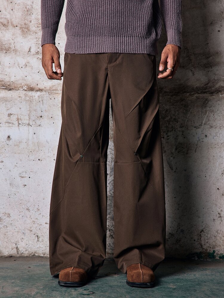 Skyrend Celana Panjang Pria Kasual Sehari-hari Minimalis Warna Polos Lipit Longgar Potongan Lebar Gaya Grunge - Coklat - View 4