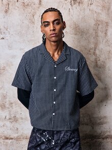 Skyrend Men's Embroidered Plaid Single-Breasted 2 In 1 Shirt Grunge - Black - View 4