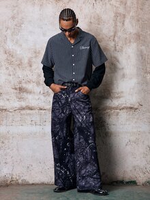 Skyrend Men's Embroidered Plaid Single-Breasted 2 In 1 Shirt Grunge - Black - View 3