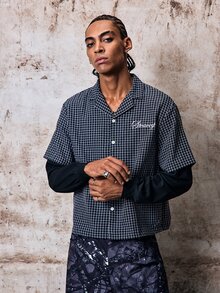 Skyrend Men's Embroidered Plaid Single-Breasted 2 In 1 Shirt Grunge - Black - View 6