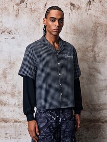 Skyrend Men's Embroidered Plaid Single-Breasted 2 In 1 Shirt Grunge - Black - View 5