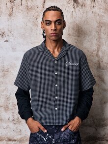 Skyrend Men's Embroidered Plaid Single-Breasted 2 In 1 Shirt Grunge - Black - View 1