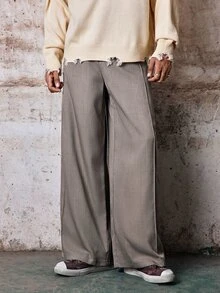 Skyrend Celana Panjang Kasual Longgar Pinggang Tinggi Kaki Lebar Warna Polos Pria Gaya Grunge - Khaki - View 7
