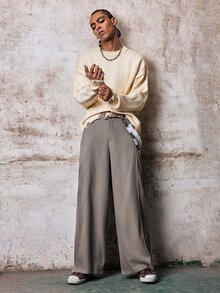 Skyrend Celana Panjang Kasual Longgar Pinggang Tinggi Kaki Lebar Warna Polos Pria Gaya Grunge - Khaki - View 3