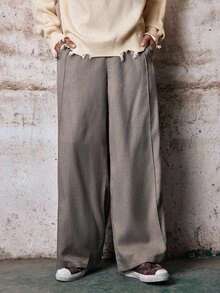 Skyrend Celana Panjang Kasual Longgar Pinggang Tinggi Kaki Lebar Warna Polos Pria Gaya Grunge - Khaki - View 6