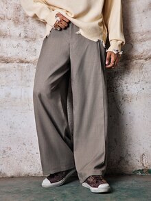 Skyrend Celana Panjang Kasual Longgar Pinggang Tinggi Kaki Lebar Warna Polos Pria Gaya Grunge - Khaki - View 1