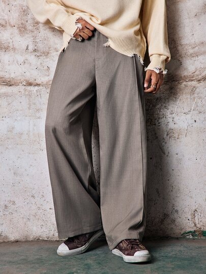 Skyrend Men's Solid Color High Waist Wide Leg Loose Casual Long Pants Grunge