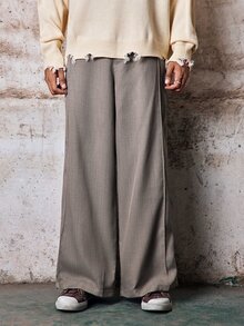 Skyrend Celana Panjang Kasual Longgar Pinggang Tinggi Kaki Lebar Warna Polos Pria Gaya Grunge - Khaki - View 4