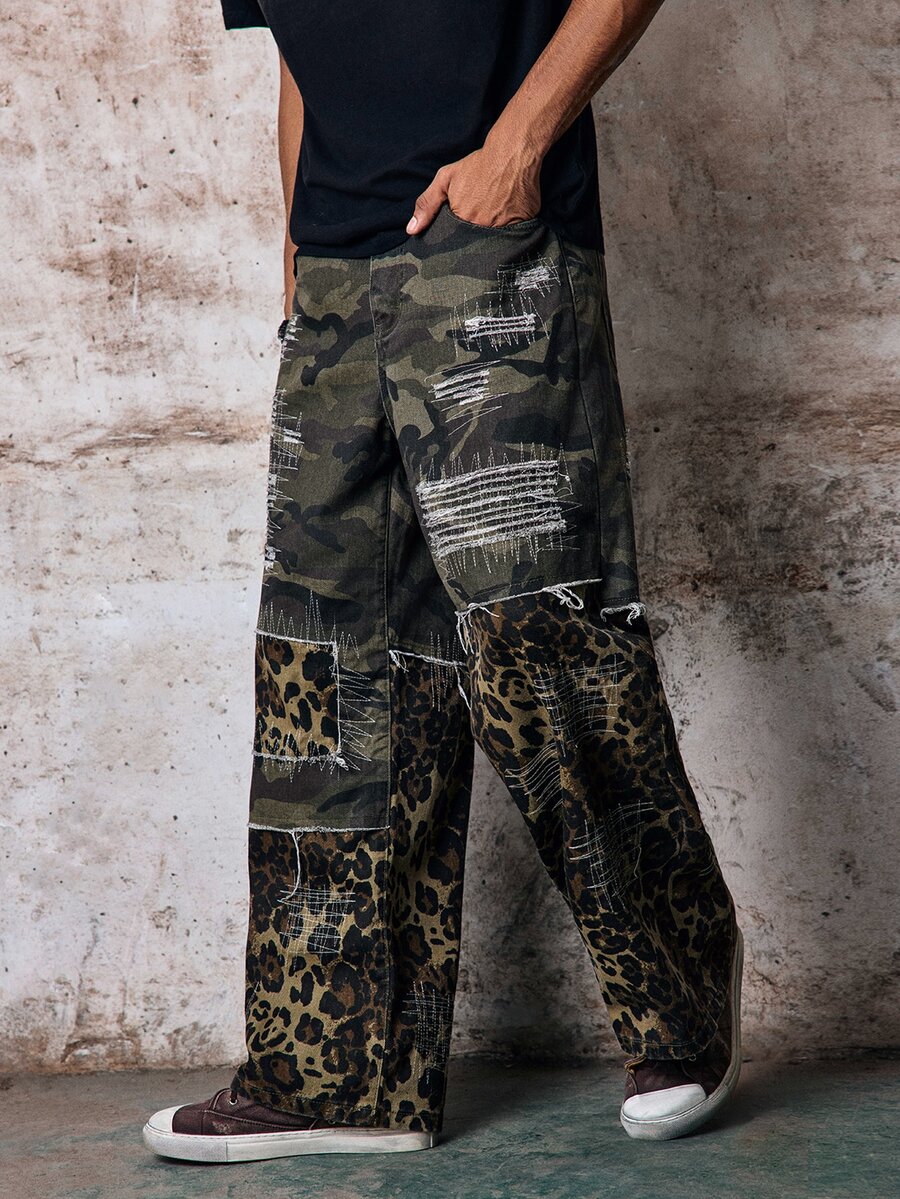 Skyrend Men's Streetwear Casual Distressed Patchwork Floral Camo Denim Jeans Fall/Autumn/Winter Grunge