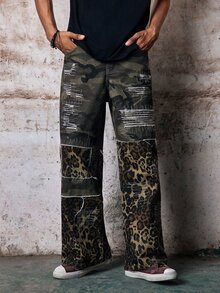 Skyrend Men's Streetwear Casual Distressed Patchwork Floral Camo Denim Jeans Fall/Autumn/Winter Grunge - Multicolor - View 5
