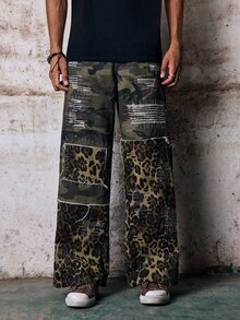 Skyrend Men's Streetwear Casual Distressed Patchwork Floral Camo Denim Jeans Fall/Autumn/Winter Grunge - Multicolor - View 7