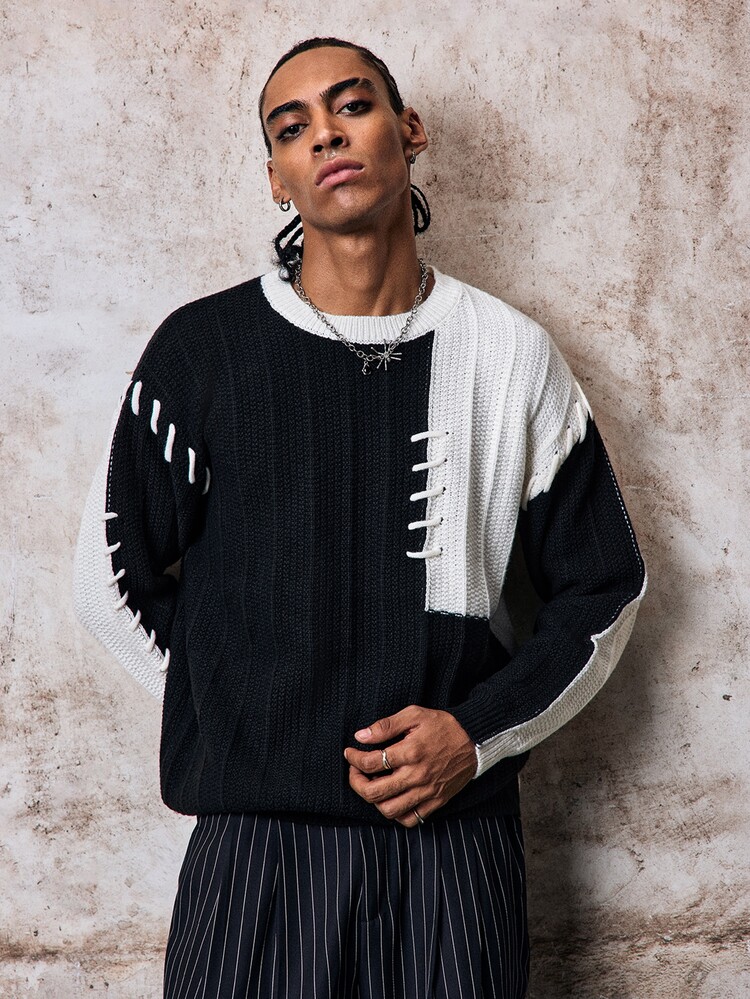 Skyrend Men's Retro Loose Fit Color Block Sweater, Autumn/Winter, Long Sleeve Top Fall/Autumn/Winter Halloween Grunge - Black - View 1