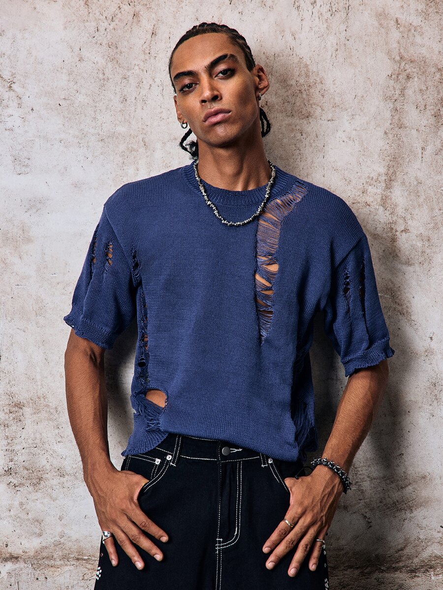 Skyrend Unisex Casual Loose Ripped Distressed Design Short Sleeve Crew Neck Knit Top, Minimalist Streetwear Style, Spring/Summer Fall/Autumn/Winter Halloween Grunge - Blue - View 1
