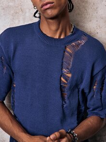 Skyrend Unisex Casual Loose Ripped Distressed Design Short Sleeve Crew Neck Knit Top, Minimalist Streetwear Style, Spring/Summer Fall/Autumn/Winter Halloween Grunge - Blue - View 8