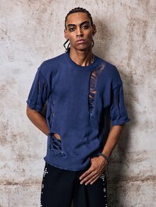 Skyrend Unisex Casual Loose Ripped Distressed Design Short Sleeve Crew Neck Knit Top, Minimalist Streetwear Style, Spring/Summer Fall/Autumn/Winter Halloween Grunge - Blue - View 5