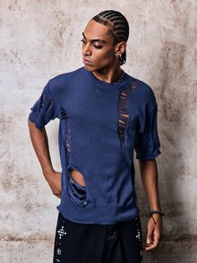 Skyrend Unisex Casual Loose Ripped Distressed Design Short Sleeve Crew Neck Knit Top, Minimalist Streetwear Style, Spring/Summer Fall/Autumn/Winter Halloween Grunge - Blue - View 4