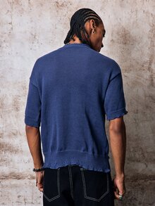 Skyrend Unisex Casual Loose Ripped Distressed Design Short Sleeve Crew Neck Knit Top, Minimalist Streetwear Style, Spring/Summer Fall/Autumn/Winter Halloween Grunge - Blue - View 2