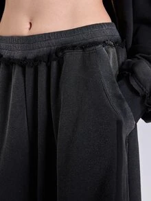 ROMWE Women's Casual Streetwear Y2K Loose Oversized Distressed Spray-Dyed Ripped Frayed Hem Sweatpants, Spring Summer Autumn Winter - Dark Grey - View 2