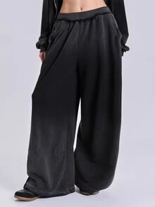ROMWE Women's Casual Streetwear Y2K Loose Oversized Distressed Spray-Dyed Ripped Frayed Hem Sweatpants, Spring Summer Autumn Winter - Dark Grey - View 8