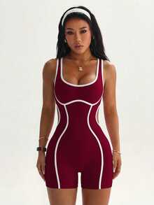 Dewbera Dewbera Contrast Trim Backless Slim Fit Athletic Romper - Burgundy - View 2