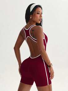Dewbera Dewbera Contrast Trim Backless Slim Fit Athletic Romper - Burgundy - View 4