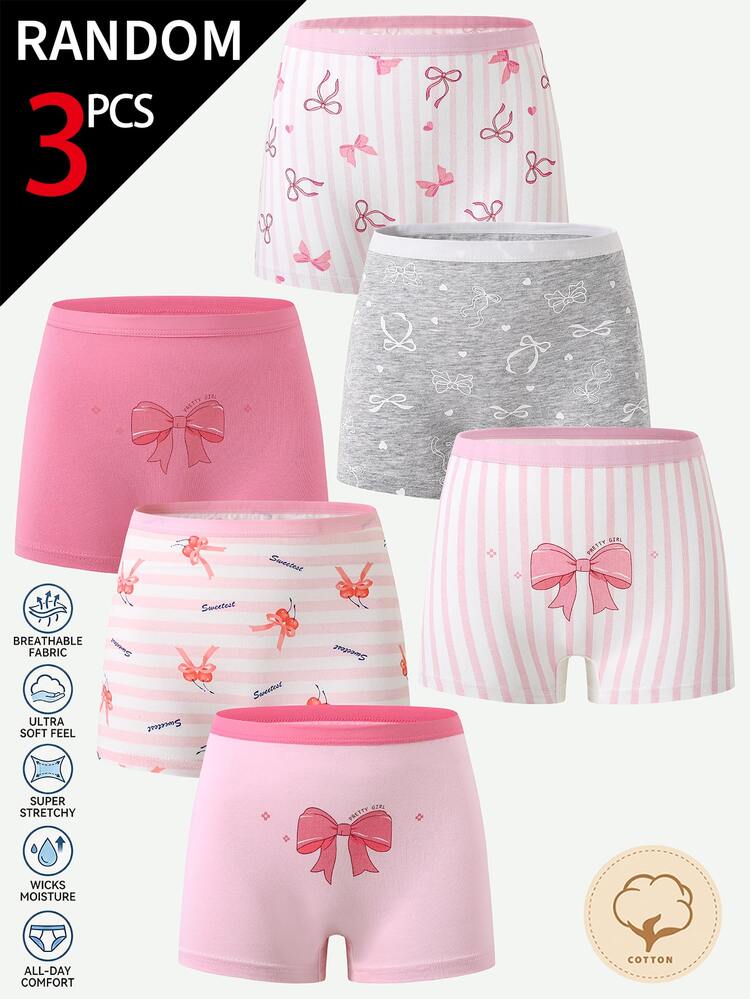 SHEIN Tween Girl 3 Random Piece Pink Tone Bowknot Cotton Boxer Briefs, Cute Comfortable Breathable Casual Panties Set For Everyday Wear Ween Girl - Multicolor - View 1