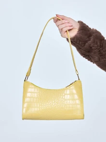 ROMWE Kawaii Solid Color Minimalist And Luxurious Floral Embossed Shoulder Bag, Fashionable Butter Yellow Bag For Women, Yellow - Yellow - View 2