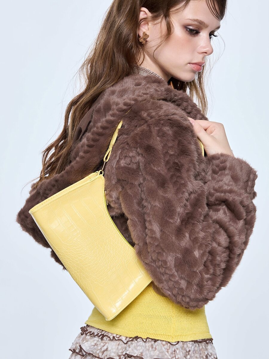 ROMWE Kawaii Solid Color Minimalist And Luxurious Floral Embossed Shoulder Bag, Fashionable Butter Yellow Bag For Women, Yellow - Yellow - View 1