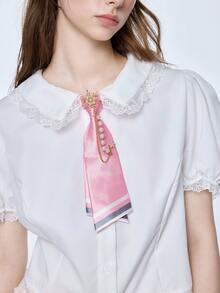 ROMWE Kawaii 1条未缝制珍珠刺绣花卉双层领带，适合休闲、街头、派对和日常佩戴。女士领带，适合作为返校季、母亲节、生日、情人节送给女性朋友、妈妈生日、朋友、节日、活动、派对的礼物。 - 彩色 - 查看 4