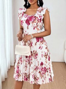 SHEIN Lady 女款花卉印花百褶休閒派對洋裝 - 玫紅色 - 查看 7